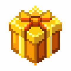 Fototapeta premium Pixel Art Golden Gift Box with Yellow Ribbon and Bow Isolated on White Background
