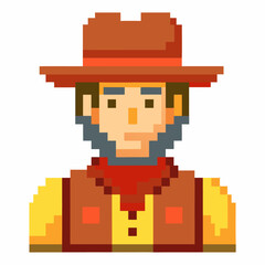Obraz premium Pixel Art Cowboy Avatar with Brown Hat and Red Bandana in 8 Bit Style