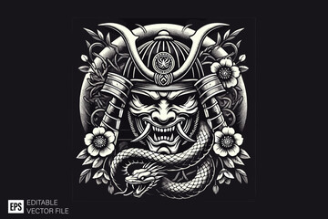 oni mask samurai dark art style vector design black and white illustration