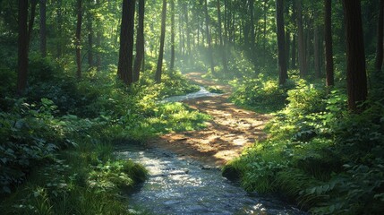 Obraz premium Serene Forest Path with Glistening Stream