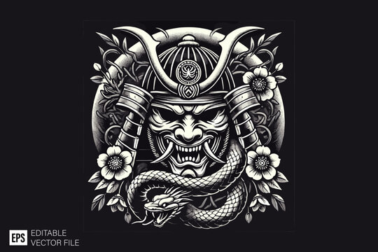 oni mask samurai dark art style vector design black and white illustration