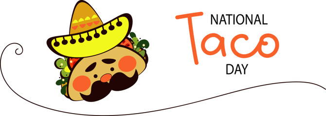 National taco day. Png template for menu mexican cafe, bar,  restaurant, party. Funny Taco character  doodle, traditional Mexican food, vector illustration on transparent background.