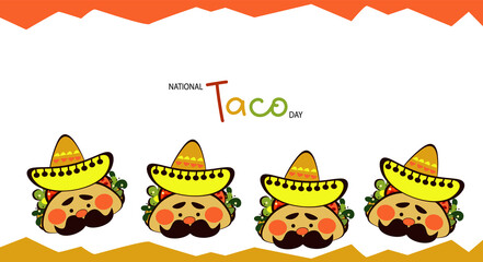 National taco day. Png template for menu mexican cafe, bar,  restaurant, party. Funny Taco character  doodle, traditional Mexican food, vector illustration on transparent background.