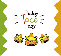National taco day. Png template for menu mexican cafe, bar,  restaurant, party. Funny Taco character  doodle, traditional Mexican food, vector illustration on transparent background.