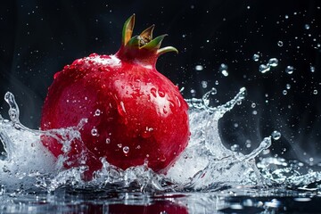 Ripe pomegranate splashing into water on a black background
