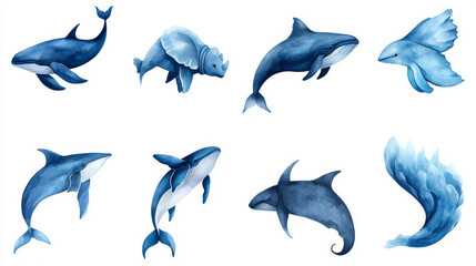 Fototapeta premium Watercolor illustrations of whales in blue shades.