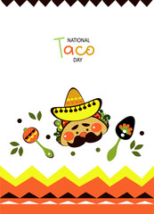 National taco day. Png template for menu mexican cafe, bar,  restaurant, party. Funny Taco character  doodle, traditional Mexican food, vector illustration on transparent background.