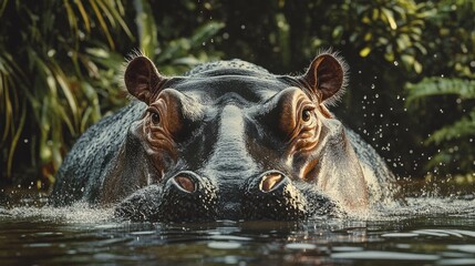 Fototapeta premium A close-up of a hippos face emerging from the water, droplets cascading down its wide nostrils, with a backdrop of lush vegetation.
