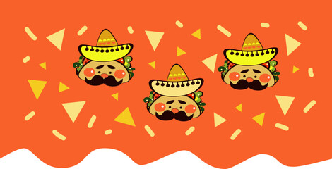 National taco day. Png template for menu mexican cafe, bar,  restaurant, party. Funny Taco character  doodle, traditional Mexican food, vector illustration on transparent background.