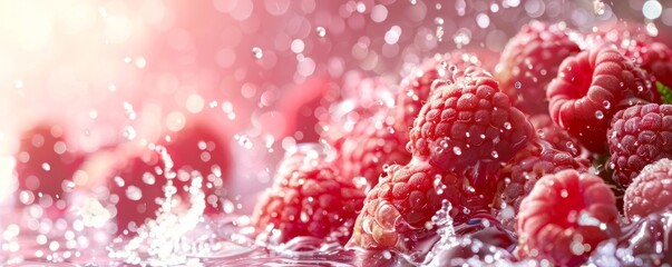 Fresh raspberries creating splashing water droplets