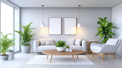 This contemporary living room features gray walls, a comfortable sofa with yellow cushions, a glass coffee table, and vibrant plants, creating a tranquil and inviting atmosphere