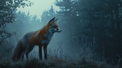   A fox in a foggy forest among tall trees and dense bushes
