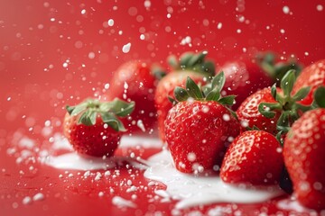 Fresh strawberries covered in milk splashing on red background