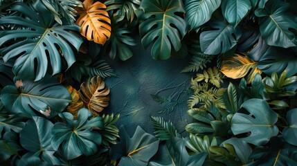 Obraz premium Jungle foliage across all sides with blank space, black background, high contrast, soft gradient.
