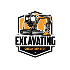 Compact Mini Excavator Ready Made Emblem Badge Logo Vector. Best for Excavating Company Logo Template