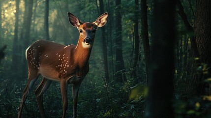   A deer positioned in the center of a forest with its head tilted towards the side and facing the camera
