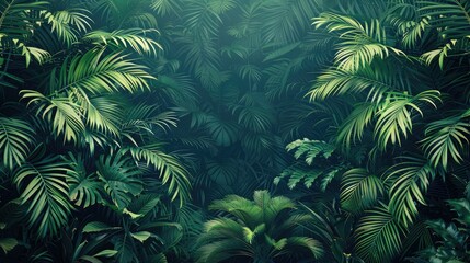 Jungle foliage across all sides with blank space, black background, high contrast, soft gradient.