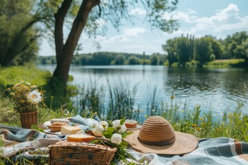 Romantic picnic setup waiting on blanket by lake on sunny day