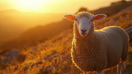   Close-up of a sheep in a field with sun and hill in background