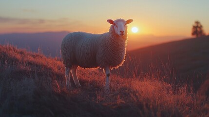 Fototapeta premium Sheep on hill with sunset background, grass in foreground
