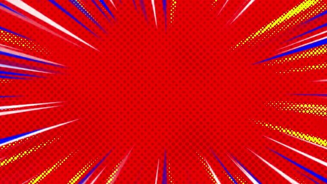 Comic background animation, vintage pop art background, with animated radial rays and dots pattern. Motion graphics and digital composition	