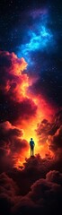 Obraz premium A figure stands amidst vibrant cosmic clouds, symbolizing introspection and wonder.