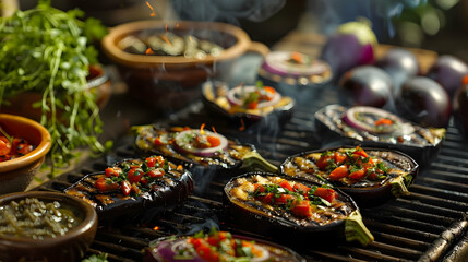 Fototapeta premium Grilled Eggplant with Herbs and Tomatoes A Delicious Summer Recipe