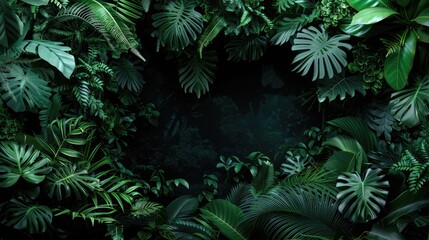 Jungle foliage across all sides with blank space, black background, high contrast, soft gradient.
