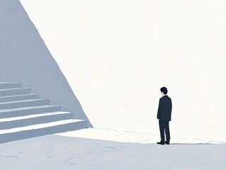 Obraz premium A lone figure standing before minimalistic stairs, shadowed and contemplative.
