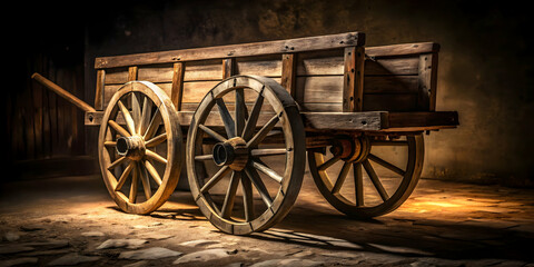 Obraz premium old cart.A rustic wooden cart wagon with worn wheels stands against a dark, shadowy background. The wood shows signs of age with visible cracks and weathering, casting long shadows on the ground, whil