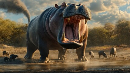 Fototapeta premium A hippopotamus standing tall with its mouth open, its massive teeth on display, while smaller animals drink cautiously nearby at a watering hole.