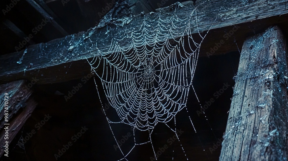 Poster a spider web dangles from a wooden structure, with drops of water cascading onto it