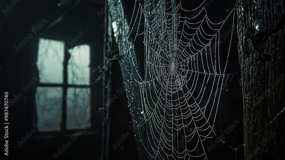 Wall mural a dark room with a spider web in front of a window, illuminated by sunlight filtering through