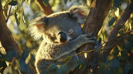 Obraz premium A koala rests its head on a branch with eyes closed in a tree