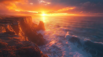   The sun is setting over the ocean with a cliff in the foreground and a body of water in the front