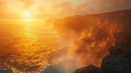 Fototapeta premium The sun sets over cliffs, casting its reflection onto the ocean's surface as a boat sails nearby