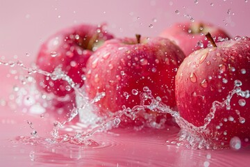 Fresh red apples being splashed with water on pink background