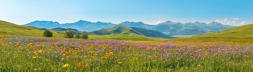 Obraz premium Panoramic View of a Vibrant Wildflower Meadow with Rolling Hills and Mountain Range in the Background Under a Clear Blue Sky