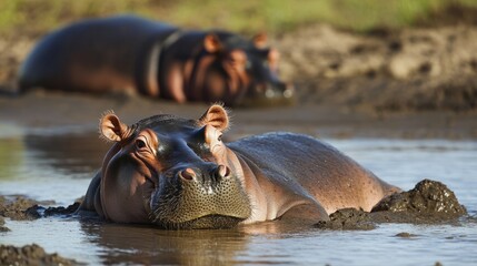 Fototapeta premium A playful baby hippo rolling in shallow water near the riverbank, with its mother watching from a distance under the afternoon sun.