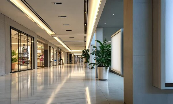 Empty Shopping Mall Hallway with Blank Advertisement