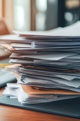 Stack of Documents and Papers on Office Desk with Sunlight Streaming Through Window