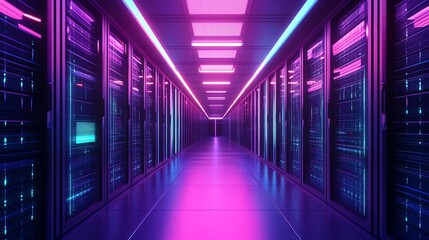 Fototapeta premium Futuristic server room with glowing pink and blue neon lights.