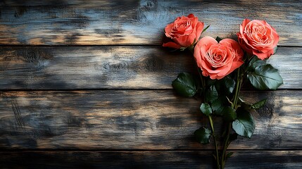 Three pink roses on a rustic wooden background with copy space. - Powered by Adobe