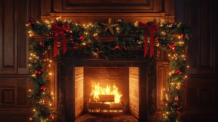  Christmas-decorated fireplace with lit fire, garland of lights, and mantle garlands
