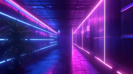 Fototapeta premium A futuristic hallway with glowing pink and blue neon lights.