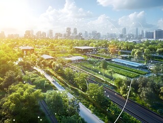 Urban greenery with modern architecture