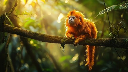 Fototapeta premium Close-up of monkey on tree branch in forest with sunlight filtering through trees