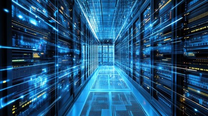 Fototapeta premium High-Tech Data Center with Rows of Servers and Blue Light Trails Representing Fast Data Transfer
