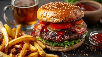 Juicy Burger with Bacon and Fries A Delicious Meal