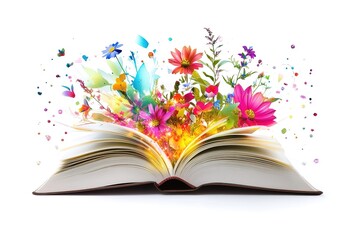 Dried pressed various leaves and flowers placed on the pages of an open old book lying on a white background
